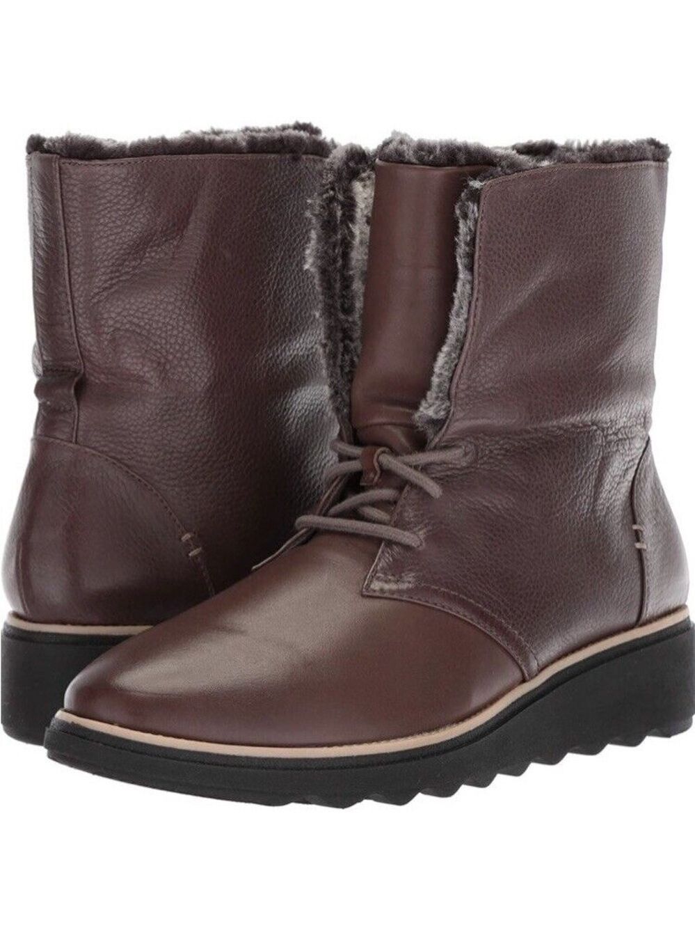 NEW Clarks Shannon Pearl Taupe Leather Lace Up Bootie Boot with Faux Fur Lining